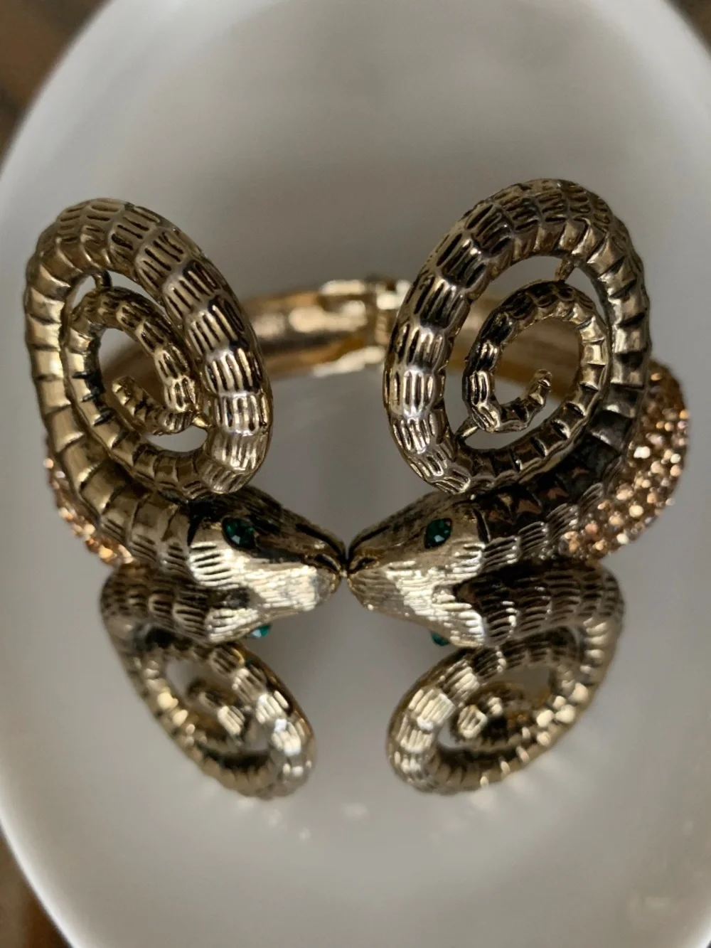 Stunning Vintage Double Rams Head Hinged Bangle Bracelet- Pave Rhinestones